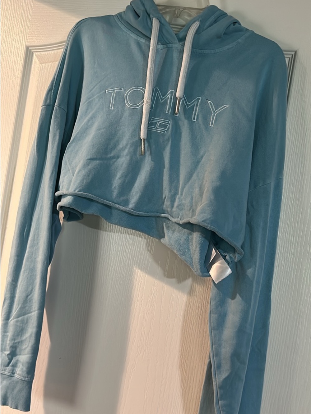 Tommy Hilfiger Sky Blue Cropped Hoodie with White Drawstrings